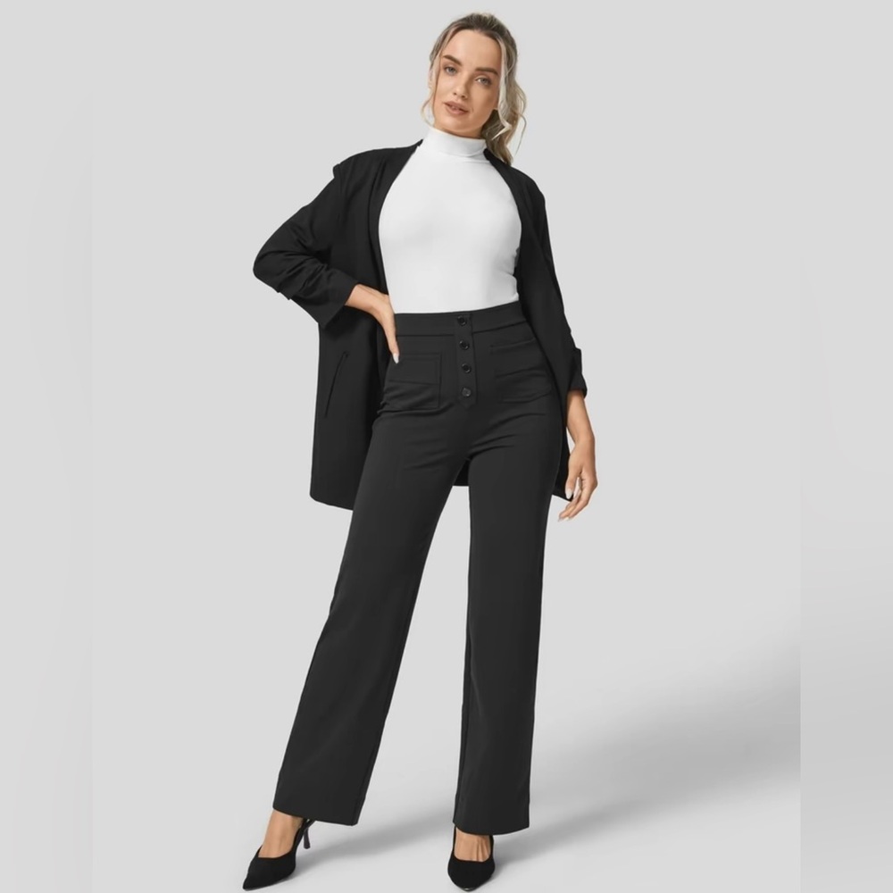 HALARA Black High Waisted Button Multiple Pocket Straight Leg Casual Pants